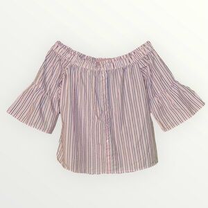Abercrombie And Fitch Blue And Pink Pinstripe Off The Shoulder Flare Sleeve Top